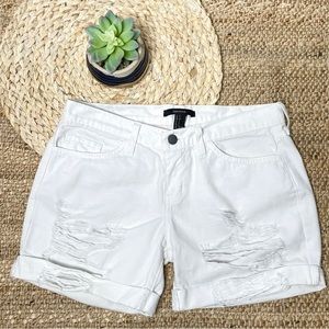 𝅺forever 21 White Denim Mid Rise Ripped Destroyed Cuffed Shorts